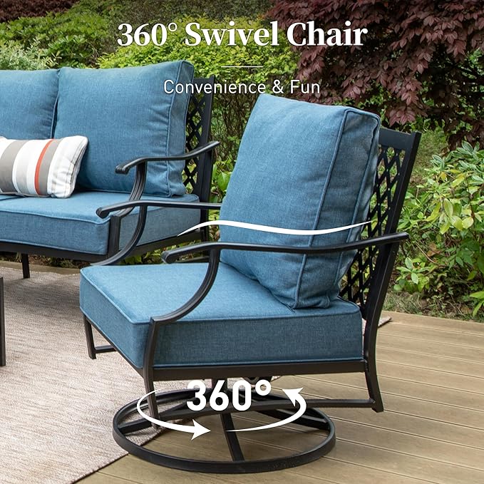 5 Piece Metal Outdoor Patio Furniture Set with Fire Pit Table, Patio Conversation Sets 4 Swivel Chairs with 5.75" Thick Cushion and 5000 BTU Fire Pit Table, Backyard Furniture, Navy