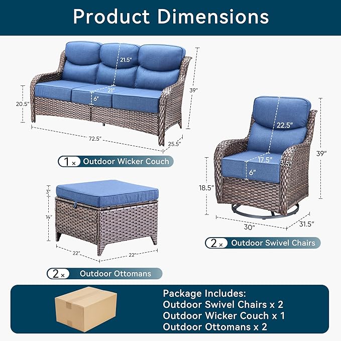 Luxury High Back Outdoor Furniture with 6-Inch Thick Cushions, Patio Furniture Set with Swivel Chairs, 5 PCS Wicker Conversation Set for Porch, Balcony, Deck and Yard