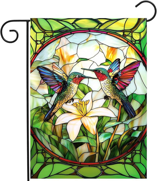 Stained Glass Hummingbird Garden Flags Floral Spring Flag Summer Flower Yard Flags for Outside 12x18 Double Sided Small Outdoor Seasonal Flags for Lawn Porch Patio Decor