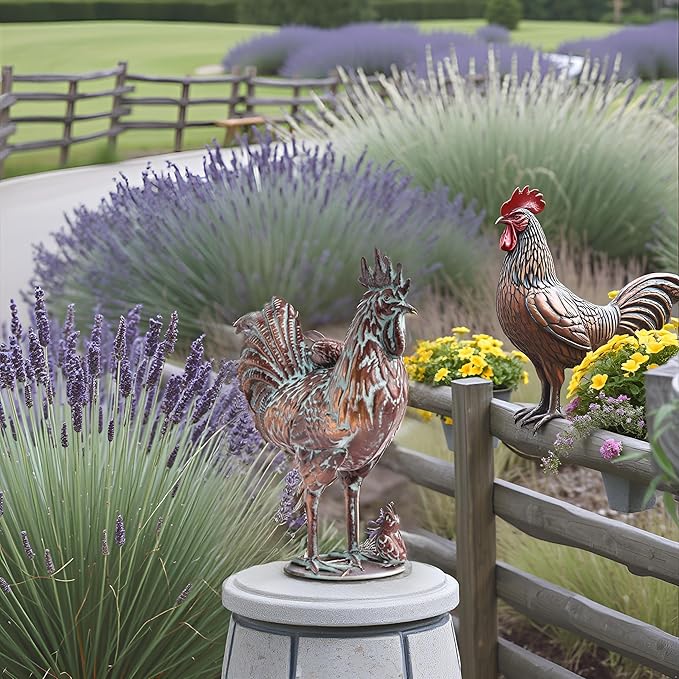 Outdoor Garden Rooster Statue Décor Antique Copper Outdoor Chicken Sculpture Metal Yard Art Figurines Creative Rooster Ornaments for Home Kitchen Patio Farm (Garden Rooster with Chicks Statue)