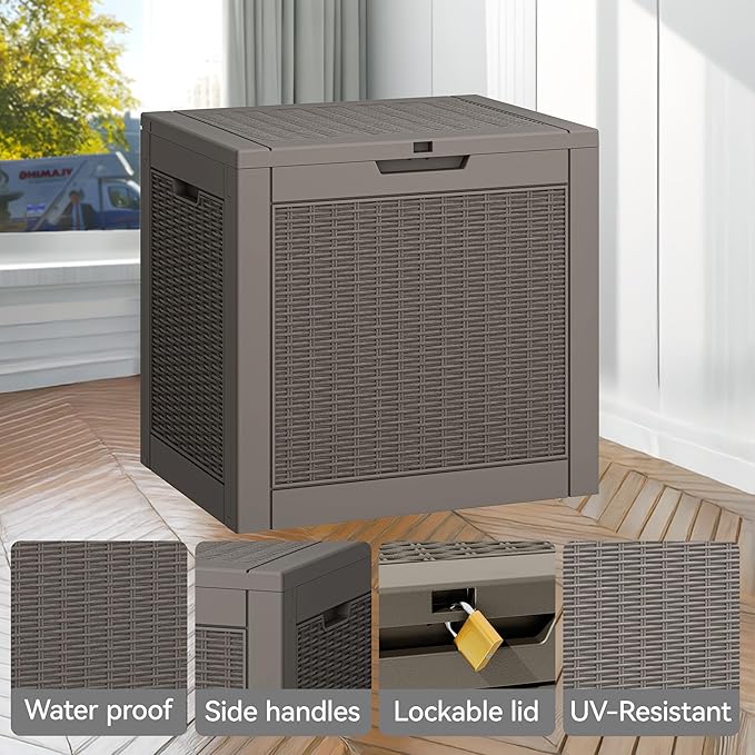 35 Gallon Outdoor Storage Box, Waterproof Resin Deck Box with Lockable Lid, Patio Furniture Side Table & Storage Bin for Package Delivery, Patio Cushions, Garden Tools, Pool Accessories, Grey