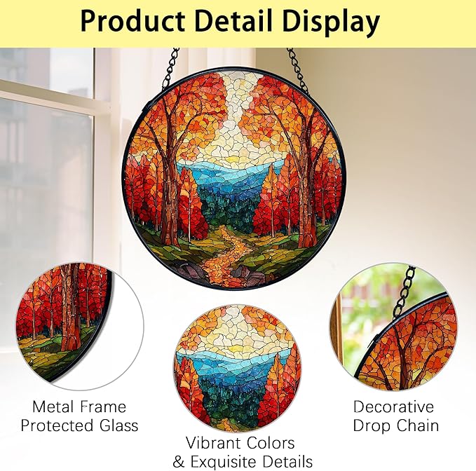TNUW Fall Forest Stained Glass Window Hanging, Rustic Autumn Landscape Sun Catchers Indoor Window Glass Round Wall Art Decor, Fall Autumn Wall Hanging Decorations, 7.9＂x7.9＂