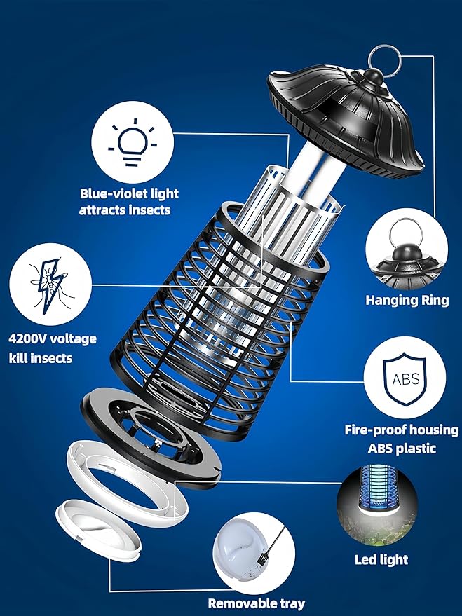 Bug Zapper Outdoor Indoor, 4200V Electric Mosquito Zapper Outdoor with LED Light, Electric Fly Zapper, Fly Traps, ABS Plastic, Plug in Mosquito Killer for Patio, Yard, Garden, Home