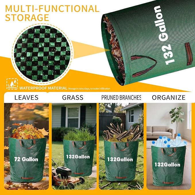 Reusable Yard Waste Bags - 2 Pack, 132 Gallon Large Yard Waste Bag with Reinforced Handles, Ideal for Grass, Leaves, and Yard Waste - Durable and Garden Waste Bags, Large Leaf Bags Stand Up.