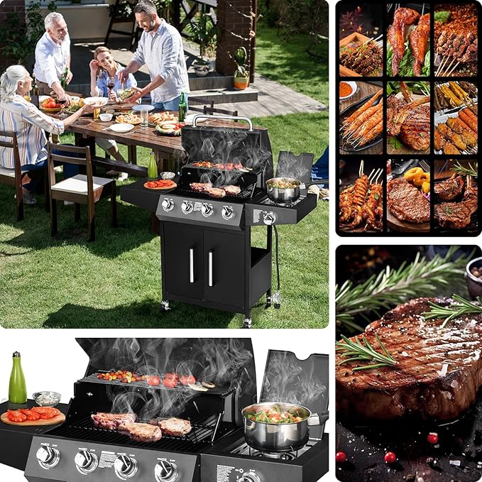 Bonnlo 4 Burner Propane Grills with Side Burner and Porcelain-Enameled Grates, 58000BTU Gas Grill with Side Shelf and Portable Rolling Wheels, Grill for Outdoor Cooking BBQ Patio Backyard