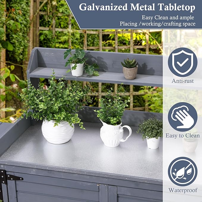 Garvee Outdoor Potting Bench Table, Wooden Gardening Furniture with Metal Tabletop and Storage Cabinet, Horticulture Workstation with Adjustable Shelf for Garden, Patio, Backyard, Greenhouse