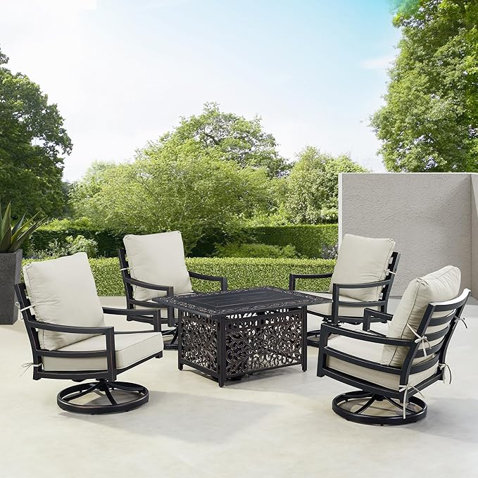 Oakland Living Black Aluminum Patio Fire Table Set with Four Club Chairs with Light Grey Cushions