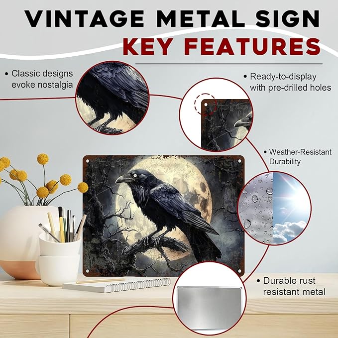 Halloween Crow Vintage Metal Tin Sign for Home Bar Kitchen Hotel Dining Room Coffee 12x16inch
