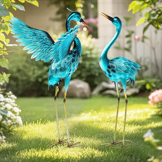 Autodaya 36.75" Metal Crane Garden Statue, Handcrafted Oversized Blue Heron Decor Sculptures with Stable U-Ground Stakes, Backyard Decoration, Metal Garden Bird Animal Yard Art, Lawn Ornament Decor