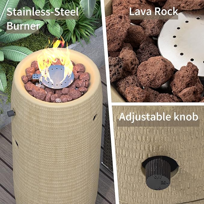 SUNBURY Outdoor Propane Fire Pit, Stone Like Fire Pit Table with Glass Wind Guard, Waterproof Cover, 15000BTUS Small Column Firepit Garden Lighting (Beige)