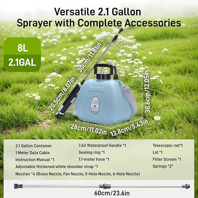Electric Garden Sprayer 2.1 Gallon, 4 Mist Nozzles, Telescopic Wand, Adjustable Shoulder Strap, USB Rechargeable Waterproof Handle, Automatic Plant Mister for Lawn Garden
