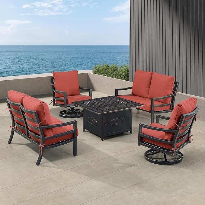 Oakland Living Black Aluminum Patio Fire Table Set with Two Deep Seating Loveseat with Cushions and Two Club Chairs with Red Cushions