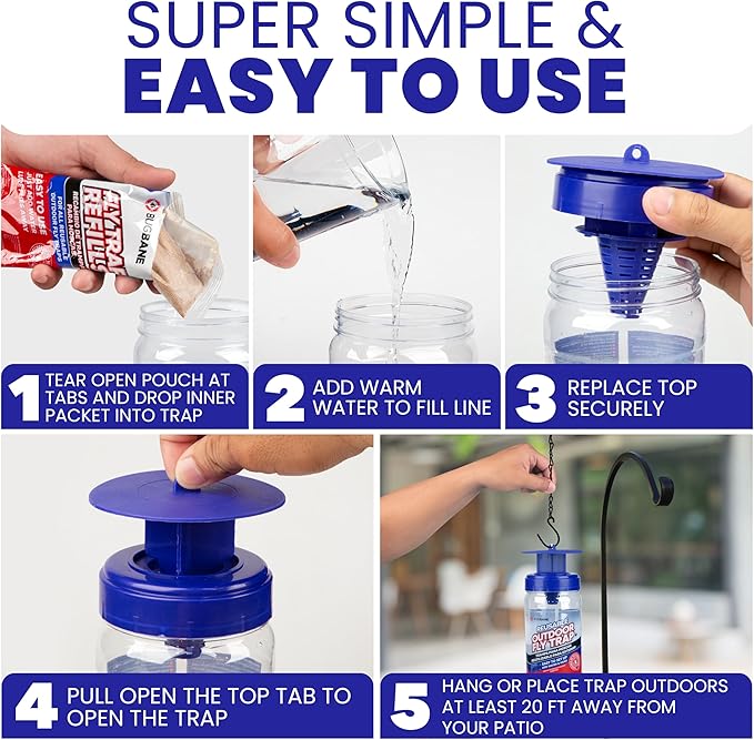 Fly Traps Outdoor Fly Trap for Patio with 2 Non-Toxic Dissolvable Bait Refills. Reusable Hanging Bug Catcher Killer for All Filth Flies for Outside Bug Control Yard Ranch. Hanging Chains Included