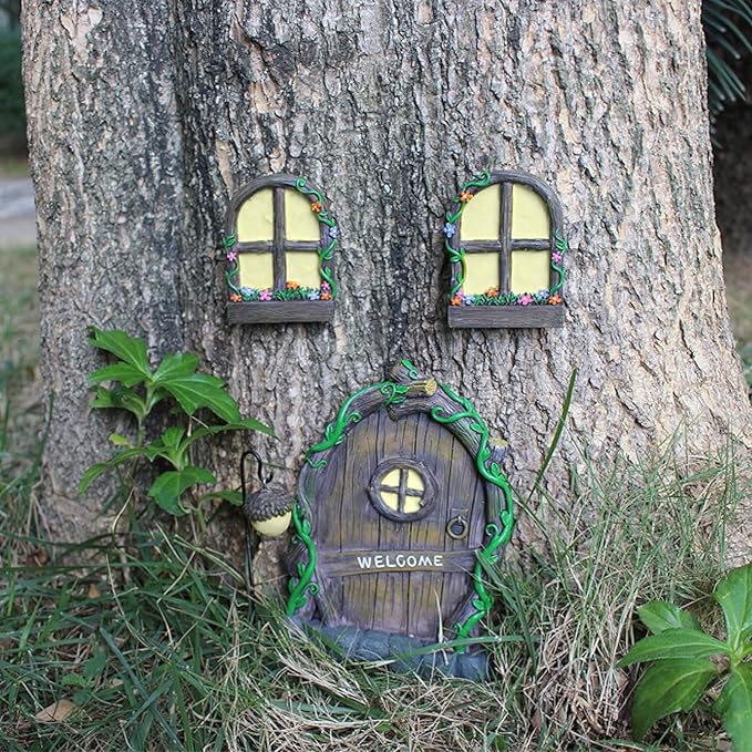 Fairy Door and Windows Garden Kit Accessories Outdoor, Glow in Dark Gnome House for Tree, Lawn Yard Art Sculpture, Miniature Garden Decor (Gnome)