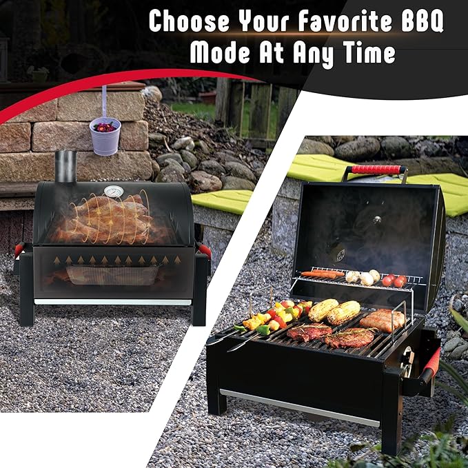 Portable Charcoal BBQ Grills with Cast Iron Grates, Tabletop Charcoal Grills with 354 Sq. In Cooking Area, for Outdoor Camping and Picnic, Black, L26.8’’x W20’’x H21.3’’