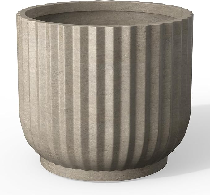 Kante Round Fulted Planter, 11 Inch Dia Large Concrete Plant Pots with Drainage Hole and Rubber Plug, Modern Decor for Indoor Outdoor Plants, Flower, Weathered Concrete