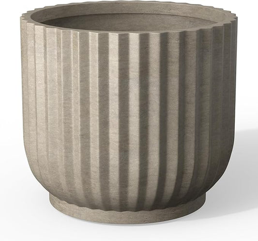 Kante Round Fulted Planter, 11 Inch Dia Large Concrete Plant Pots with Drainage Hole and Rubber Plug, Modern Decor for Indoor Outdoor Plants, Flower, Weathered Concrete