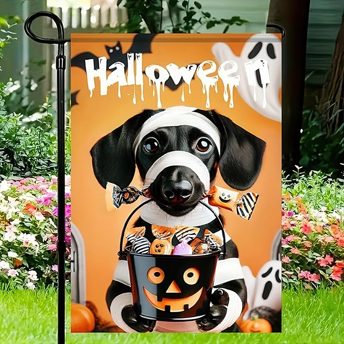 Halloween Garden Flags for Outside 12x18 Inch Double Sided Trick or Treat Dachshund Garden Flag Halloween Dog Skeleton Decorations Small Halloween Outdoor Yard Flag