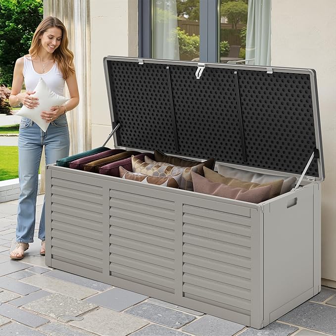 130 Gallon Outdoor Deck Box, Waterproof Resin Box with Lockable Lid, UV-Resistant for Cushions, Garden Tools & Pool Accessories (GRAY), Patio Furniture