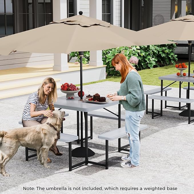 Giantex Picnic Table Bench Set for 4-8 People, 34" Outdoor Square Dining Table & 2 Benches w/Umbrella Hole, HDPE Tabletop, Metal Frame, Patio Camping Furniture for Backyard Porch Lawn (Grey,Square)