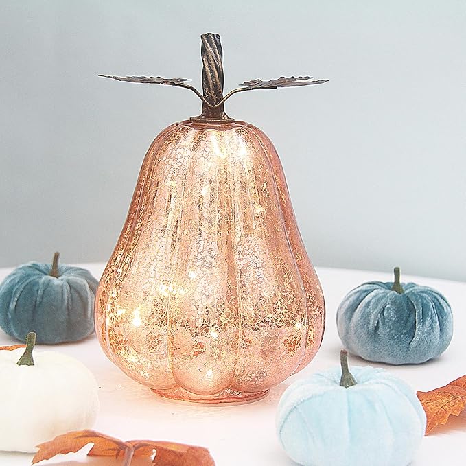 Mercury Glass Pumpkin Lights with Timer, Battery Operated Led Pumpkin Lights for Halloween Fall,Thanksgiving Rustic Decor (Rosegold Leafy, 9")