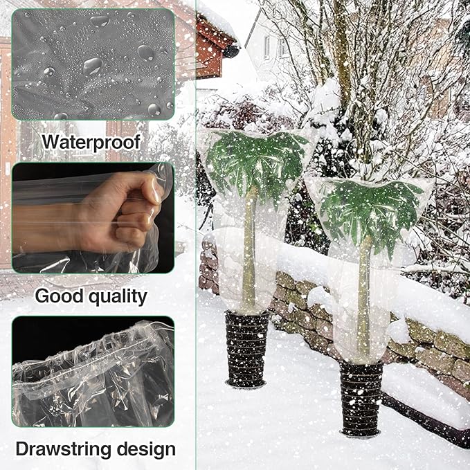 ANPHSIN 6 Pcs Winter Plant Film Cover with Drawstring - 35.4" x 59" Plastic Plant Cover Freeze Protection Transparent Waterproof Plant Shelter Bag for Outdoors Garden Plants Shrubs Sapling Crops