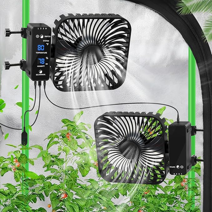 6" Grow Tent Fan with Temp & Humidity Display, Auto Temp & Humidity Control, 4 Speeds, 90° Oscillation, 2-Pack