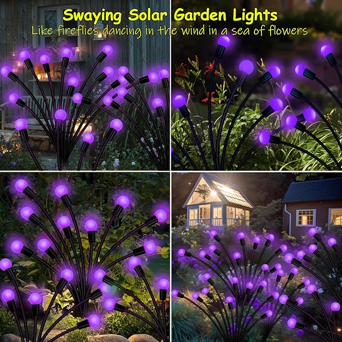 Kohlrabi Solar Garden Lights Outdoor, 10 Pack 80 LED Solar Purple Firefly Lights Waterproof, Sway by Wind, Halloween Swaying Light for Yard Patio Backyard Garden Planter Flower Bed Pathway Decoration