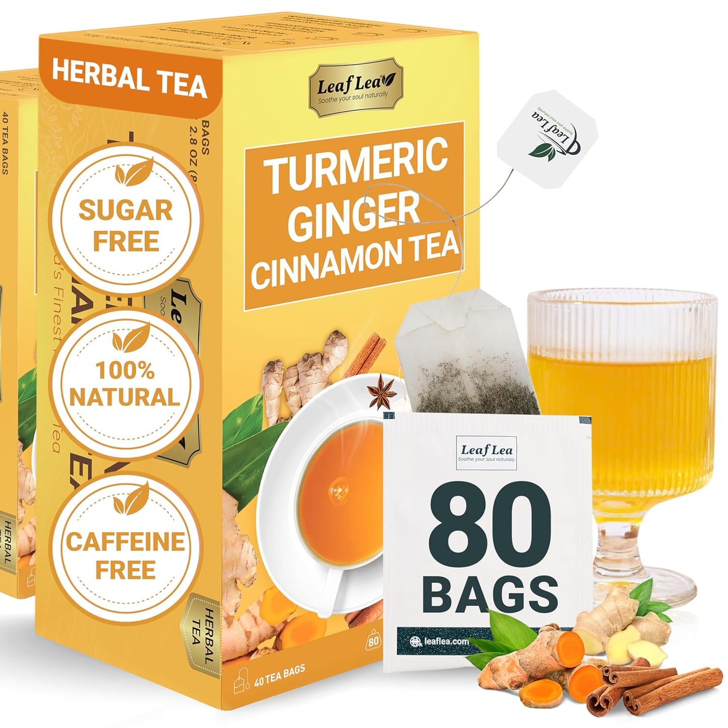 LeafLea Turmeric Tea with Ginger and Cinnamon, 80 Premium Turmeric Ginger Tea Bags, Supports Immune Health & Digestion, 100% Natural & Pure Blend Herbal Tea, Caffeine-Free, No Sugar, Vegan