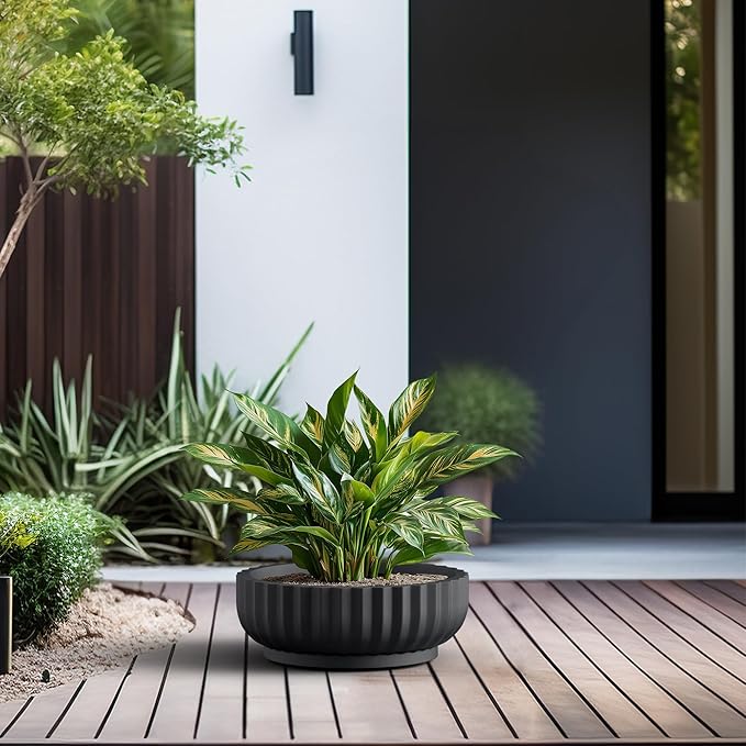 Kante Round Fulted Bowl Planter, 14.6 Inch Dia Large Concrete Flower Pots with Drainage Hole and Rubber Plug, Suitable for for Indoor Outdoor Plants, Home, Patio, Garden, Black
