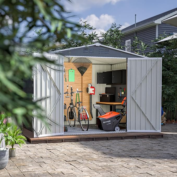 8x6 FT Outdoor Tool Storage Shed with Metal Foundation & Lockable Doors, All Weather Metal Sheds for Garden, Patio, Backyard, Lawn, Gray