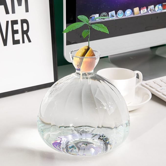 Avocado Seed Starter Vase,Thickened Striped Avocado Seed Sprout Glass Container, Avocado Tree Planting Growing Kit with Avocado Sticker for Plant Gardening Lover (Striped)