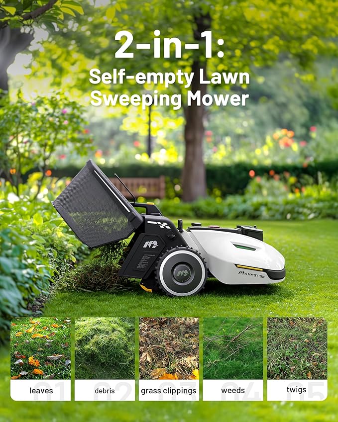 YUKA 2000 Robot Lawn Mower with Sweeper Kit, Ultrasense AI Vision & RTK Antenna, Auto Mapping & App Control,45% Slope Capability,Dual Cutting Discs, Up to 20 Mowing Zones