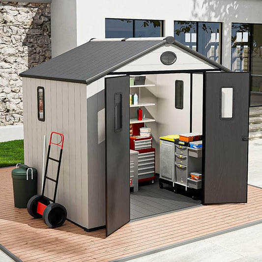 8x8 Resin Outdoor Storage Shed with Floor, Plastic Tool Shed for Gardening, Patio, and Deck, White/Gray