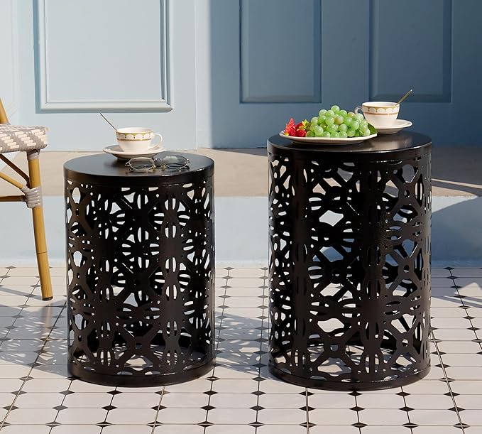 HFHOME Set of 3 Metal Outdoor Side Table, Nesting Round Coffee Table for Indoor Outdoor, Heavy Duty End Tables Plant Stand Living Room Garden Stool - Black