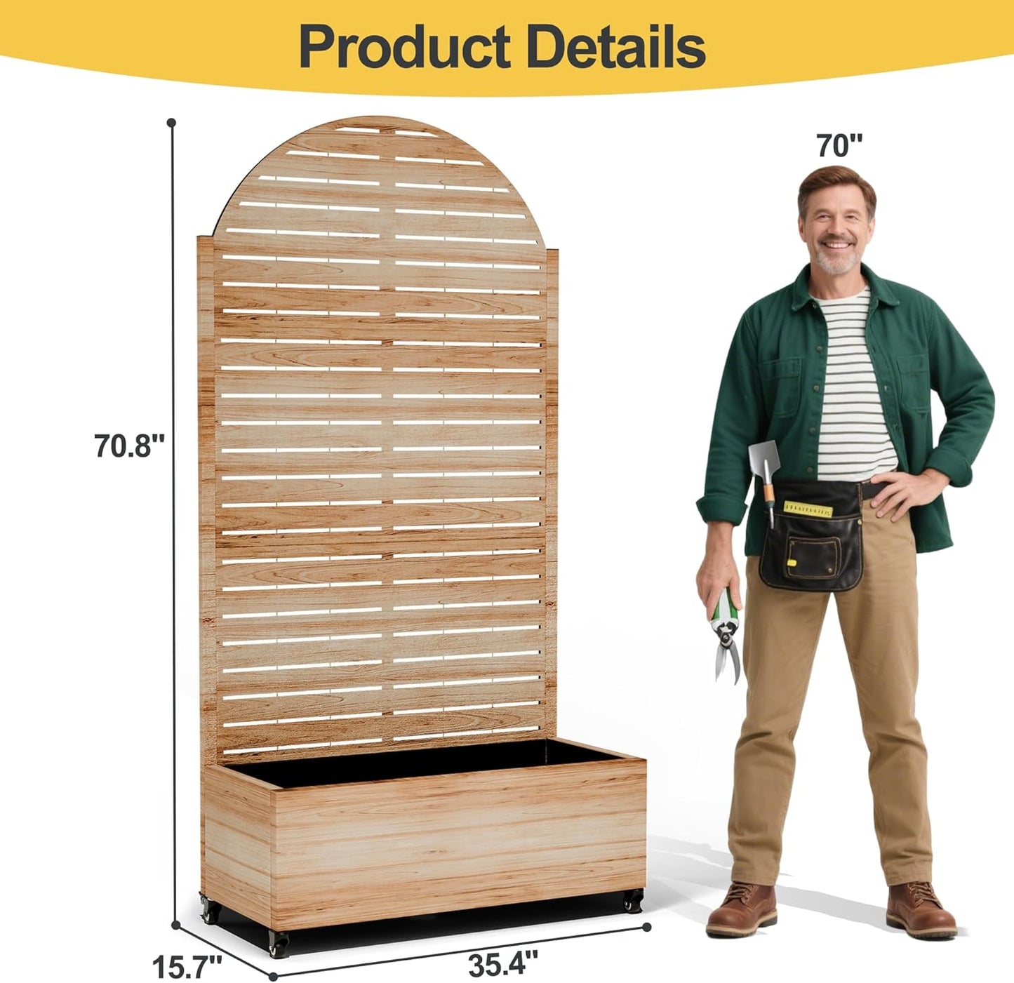 Raised Garden Bed with Arched Trellis and Wheels,73"x35"x16" Metal Raised Garden Bed,Acacia Finish Metal Planter with Climbing Trellis for Vines & Vegetables