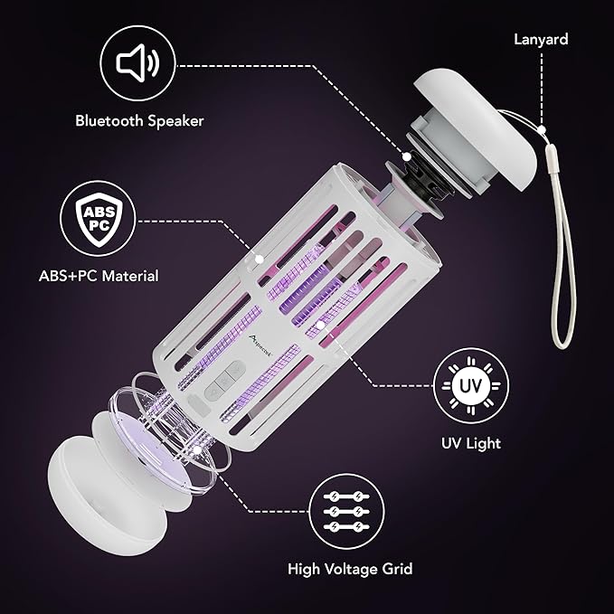 ASPECTEK Portable Bug Zapper with Bluetooth Speaker – Rechargeable LED Mosquito Zapper and Ambient Light, Cordless Insect Device for Indoor/Outdoor Use, Patio, Camping, Garden – 3-in-1 Design