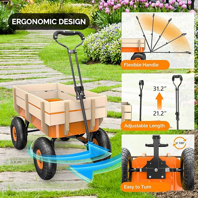 VINGLI Wagon Cart, Steel Frame and Wood Coated Railing, 330lbs All Terrain Wagon 9.2in Solid Tires for Garden and Outdoor (Orange)