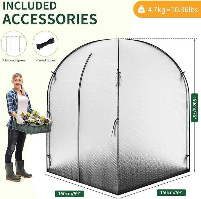 Portable Greenhouse for Outdoors, Green House Tent with Durable Bubble Film Cover and Zippered Door,Walk-in Mini Green House with Removable Mat for Indoor Outside Protecting Plant,59x59x75 Inch