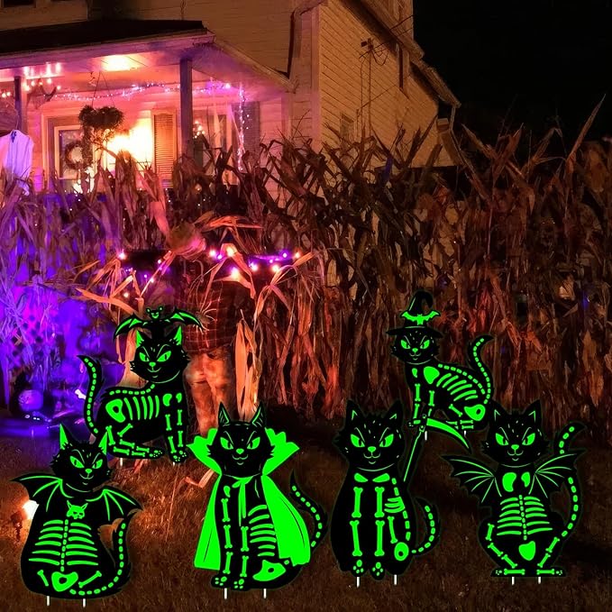 Outdoor Halloween Cat Decor, 6Pcs 16.5”×12.6” Glow in the Dark Black Cat Yard Stake, Waterproof Scary Porch Graveyard Decoration with Light-Up Effect, Suitable for Garden, Party and Home Decor