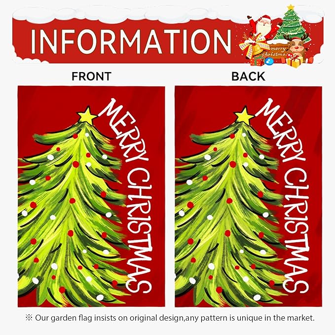 Merry Christma Garden Flag Xmas Tree Yard Flag Winter Red Green Trees Double Sided Vertical House Banner for Rustic Farmhouse Seasonal Outdoor Decoration 12x18 Inch