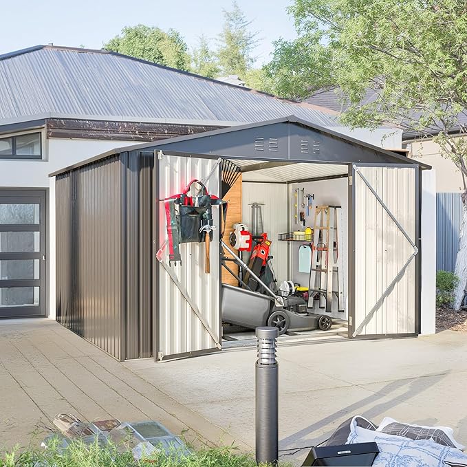 10X8 FT Outdoor Tool Storage Shed with Metal Foundation & Lockable Doors, All Weather Metal Sheds for Garden, Patio, Backyard, Lawn, Black