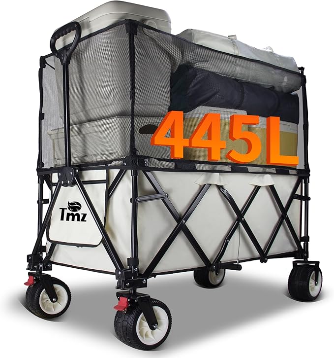 TMZ Collapsible Wagon 445L Heavy Duty Foldable Cart with All-Terrain Wheels, Canopy & Brakes - Extra Large Utility Wagon for Beach, Outdoor, Garden, Camping Portable Foldable Design (White)