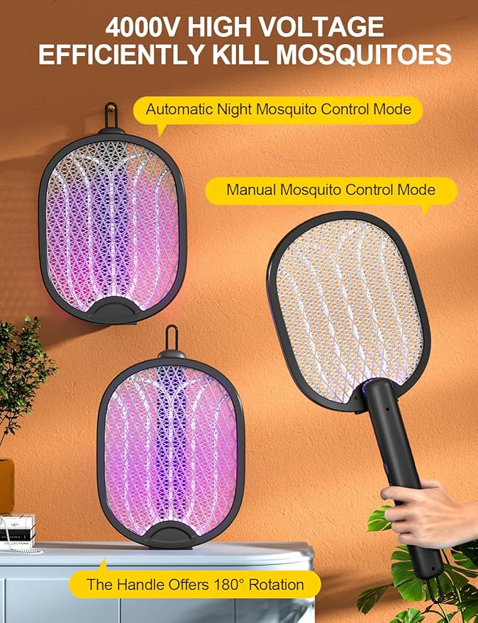 Electric Fly Swatter Foldable Bug Zapper Racket with 4000V 1800mAh Rechargeable Battery 5-Layer Safety Mesh Dual Modes with Mosquito Light Suitable for Indoor or Outdoor Use(Black)