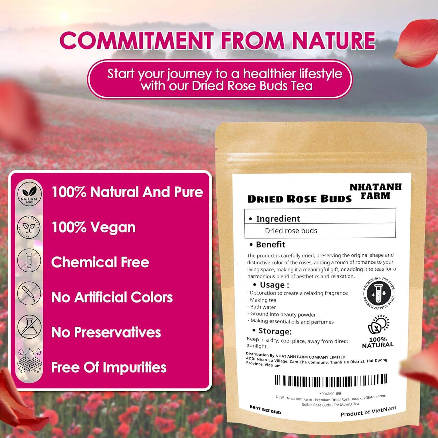 Nhat Anh Farm - Premium Dried Rose Buds - 3.5oz (100g) Dried Rose Buds Natural & Pure, Sugar/Caffeine/Gluten Free - For Making Tea