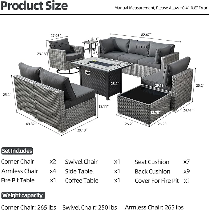 HOOOWOOO 10 Piece Patio Sectional Furniture Set with Fire Pit Table,Modern Wicker Outdoor Conversation Sofa Sets,Weather Resistant Modular L Shaped Outside Couch Swivel Chair Set(Black)