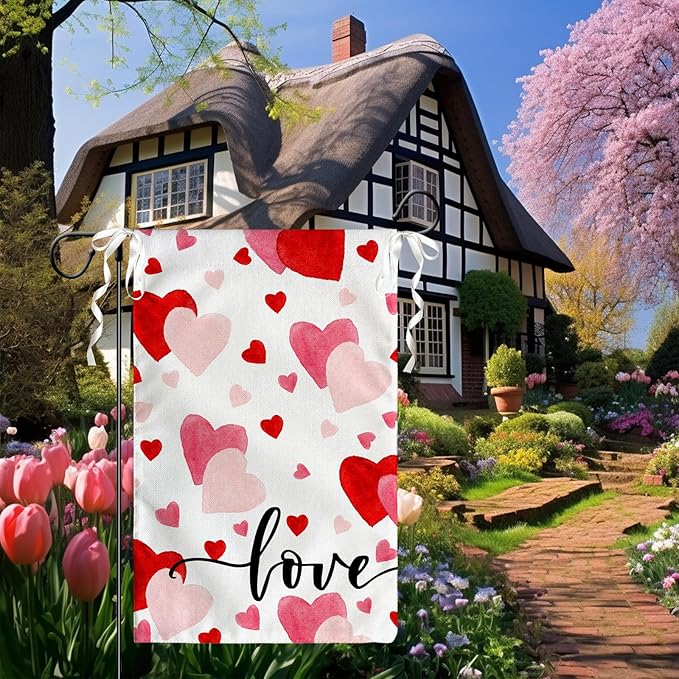 Love Heart Garden Flag Valentine Yard Flag Red And Pink Hearts Garden Flags Polyester Double Sided Anniversary Wedding Sweety House Banner for Spring Home Outdoor Decor 12x18 Inch