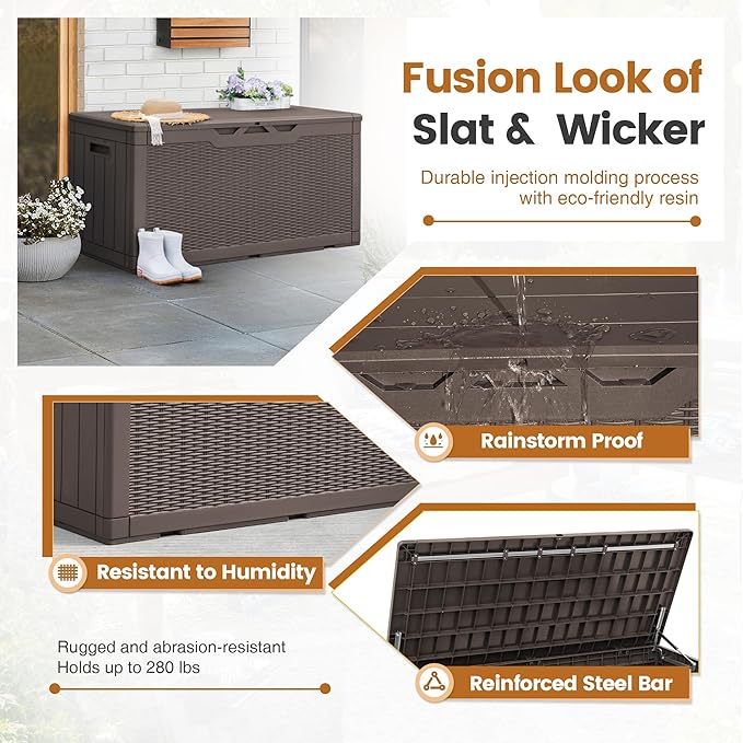 Greesum 100 Gallon Resin Patio Storage Box for Garden Tools, Outdoor Furniture Cushions, Pool Supplies, Dark Brown