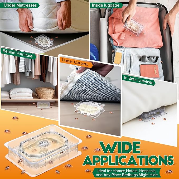 Qualirey 12 Set Bed Bug Detector & Trap, Bedbug Traps with Strong Glue, Bedbug Interceptors, Early Detection Glue Trap for Bed Legs, Indoor Pest Control Blocker for Home and Travel (Clear)