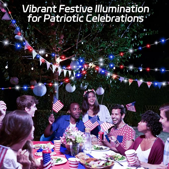 Red White and Blue Solar Fairy Lights, Memorial Day Lights Waterproof Outdoor 39.4ft 120LED 8 Modes Memory Function Independence Day Memorial Day Decorations, CS-SL-5M